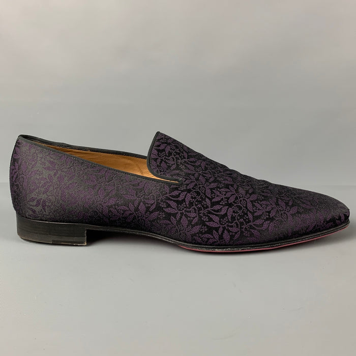CHRISTIAN LOUBOUTIN Size 13 Black Purple Dandelion Jacquard Fabric Slip On Loafers