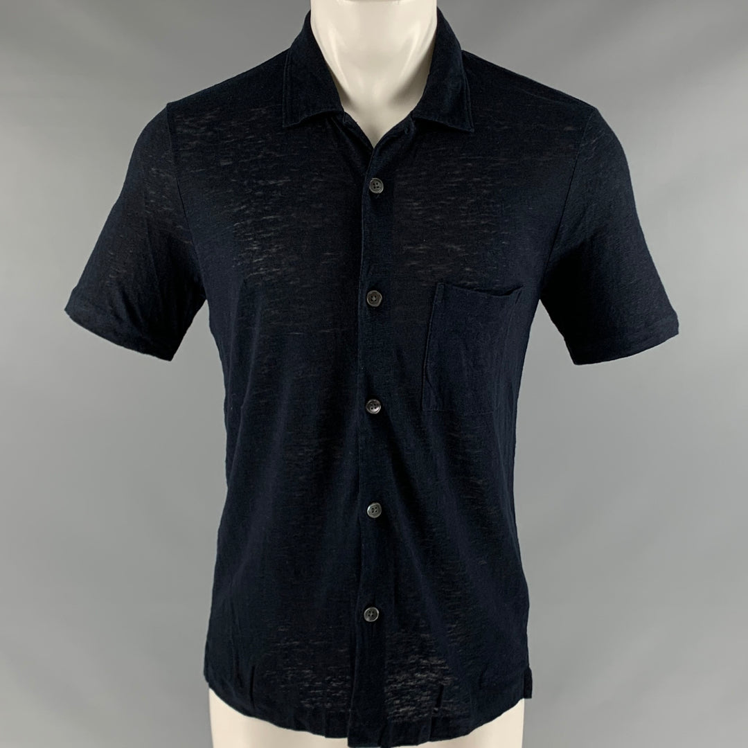 THEORY Size M Black Linen One Pocket Short Sleeve Shirt
