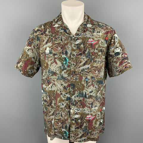LANVIN Size L Grey & Brown Print Viscose Camp Short Sleeve Shirt