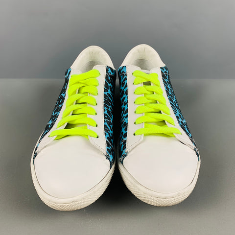 AMIRI Size 7 White Black & Blue Embossed Leather Low Top Sneakers