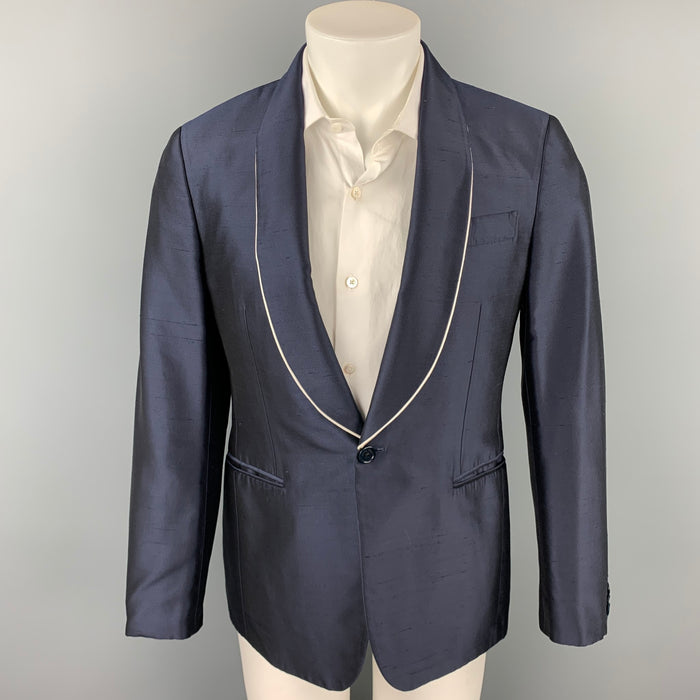 SALVATORE FERRAGAMO Size 38 Regular Navy Silk Shawl Lapel Sport Coat