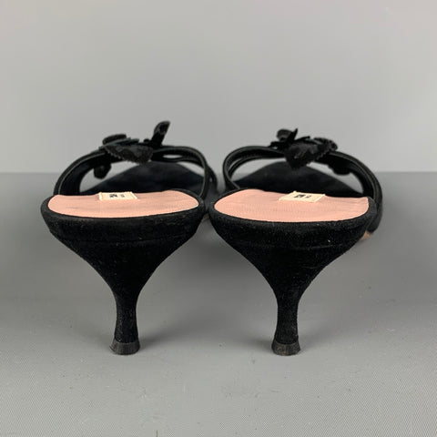 PRADA Size 8 Black Silk Aplique Patent Leather Kitten Heel Sandals
