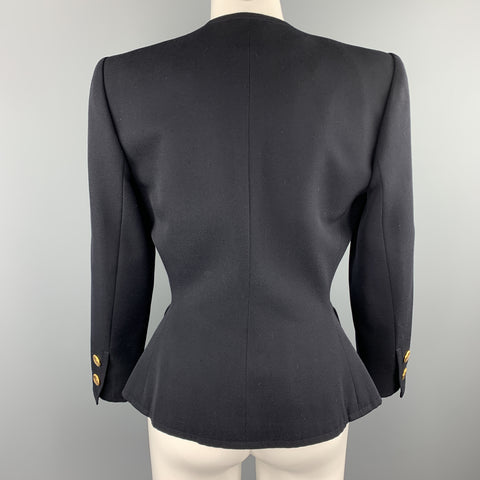 YVES SAINT LAURENT Rivve Gauche Size 6 Navy Wool Collarless Blazer