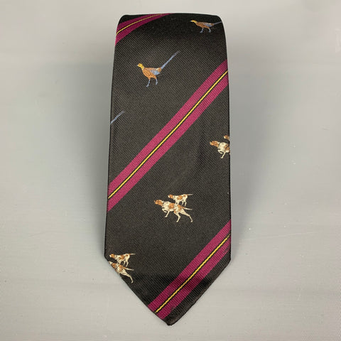POLO RALPH LAUREN Black & Burgundy Stripped and Dog Print Silk Tie