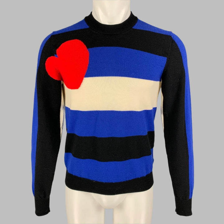 VETEMENTS x COMME des GARCONS SHIRT Size S Blue Black White Knitted Merino Wool Crew-Neck Pullover