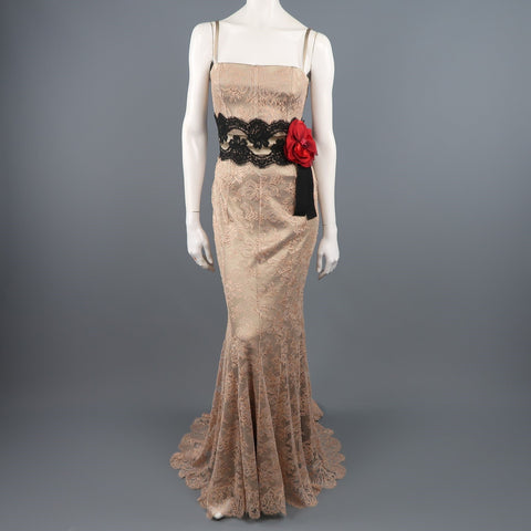 DOLCE & GABBANA Size 8 Beige Nylon Blend Floral Column Long Gown/Evening Wear