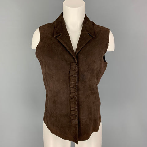 PRADA Talla 10 Chaleco con broches de ante marrón con volantes