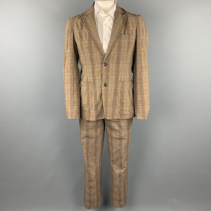 PODOLL Size M Brown Plaid Cotton Blend Peak Lapel Suit