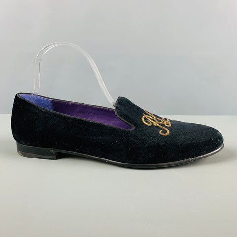 RALPH LAUREN Talla 11 Mocasines bordados de terciopelo negro dorado