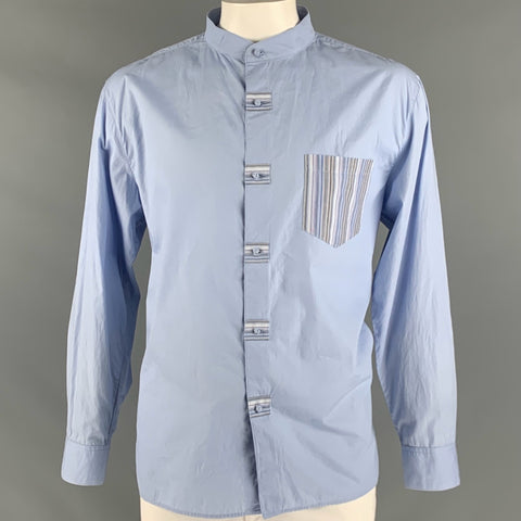 SHANGHAI TANG Size XL Blue Cotton One Pocket Long Sleeve Shirt