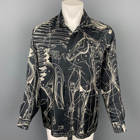HERMES Le Pegase d'Hermes by Christian Renonciat Size L Black & Beige Print Silk Button Up Long Sleeve Shirt