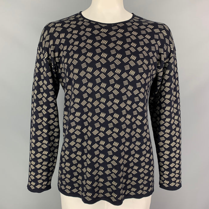 ARMANI COLLEZIONI Size L Navy & Ivory Knitted Cotton / Rayon Crew-Neck Pullover