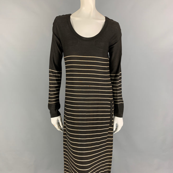 SONIA RYKIEL Size 6 Black Cream Cotton Stripe Long Sleeve Long Dress