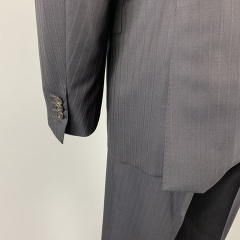 BELVEST Size 42 Long Black Stripe Wool Notch Lapel Suit