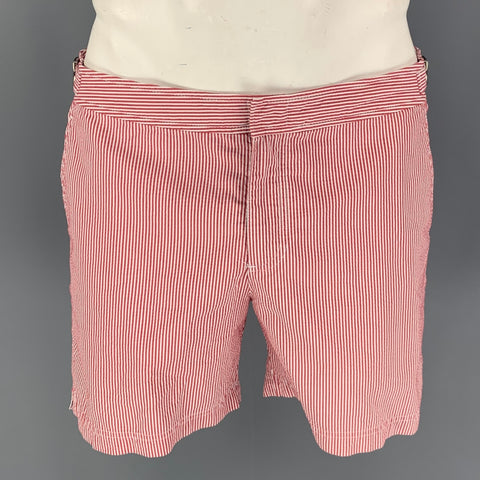 ORLEBAR BROWN Size 34 Red White Stripe Polyester Side Tabs Swim Trunks