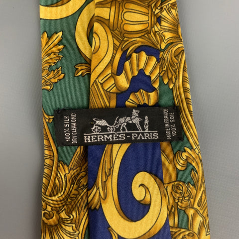 HERMES Green Blue Print Silk Tie