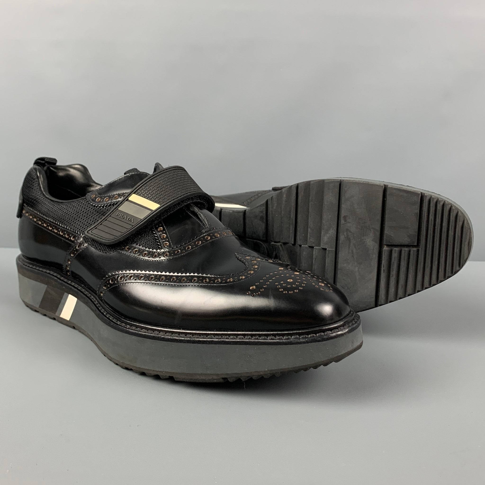 PRADA Size 11 Black Perforated Leather Wingtip Loafers – Sui