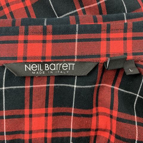 NEIL BARRETT Size L Red & Black Tartan Cotton Hidden Buttons Long Sleeve Shirt