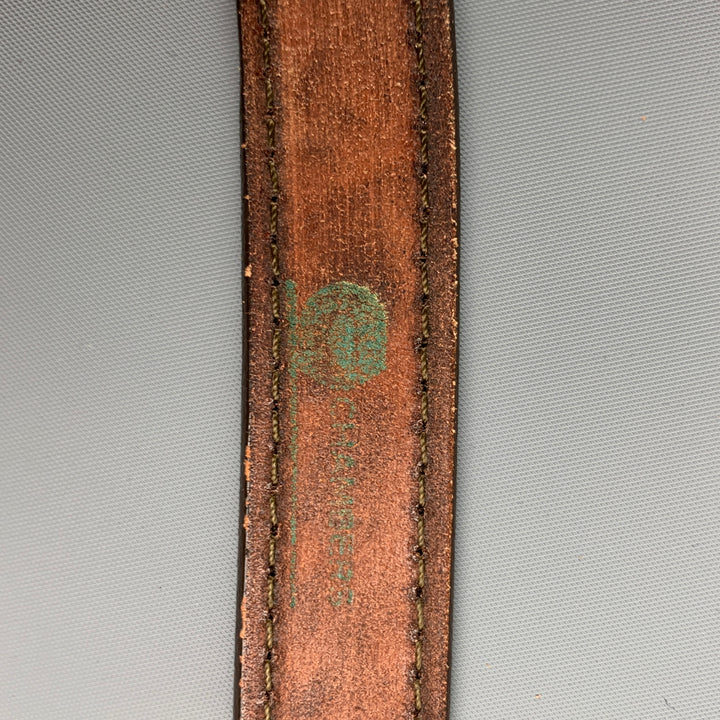 VINTAGE Size 34 Brown Carved Leather Skinny Belt