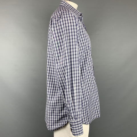 TOM FORD Size XL Navy & White Plaid Cotton Button Up Long Sleeve Shirt