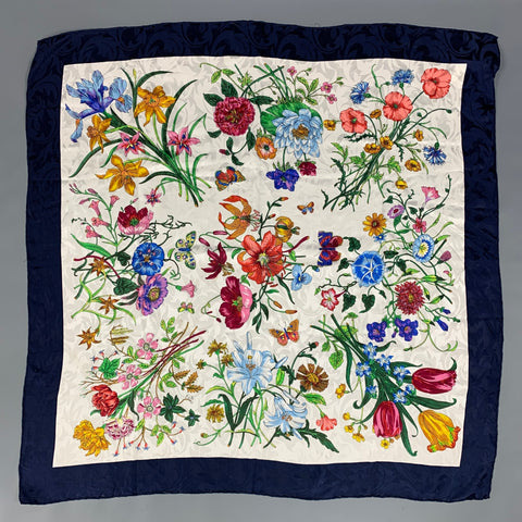Écharpe carrée en soie florale multicolore VINTAGE