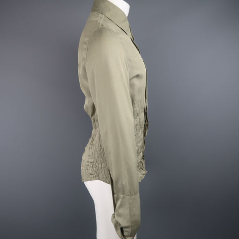 ROBERTO CAVALLI Olive Nailhead Cotton Wrinkled Gathered Waist Long Sleeve Shirt