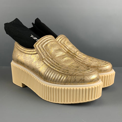 CHANEL Size 9 Gold Fabric Platform Flats