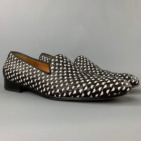 JOHN FLUEVOG Size 12 Black & White Zig Zag Leather Slip On Loafers
