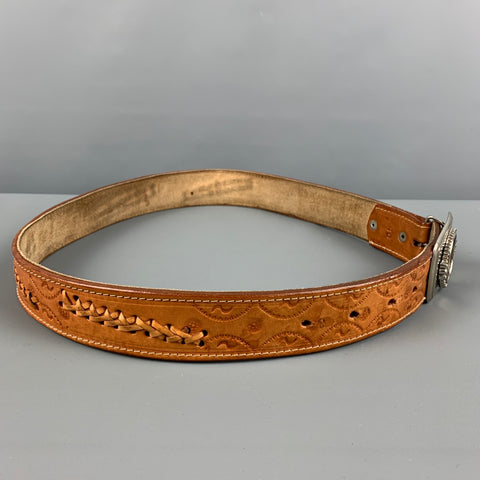VINTAGE Size 36 Tan Woven Leather Pluribus Unum Coin Buckle Belt