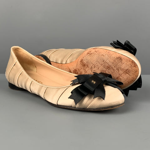 CHANEL Size 7.5 Beige Silk Pleated Flats