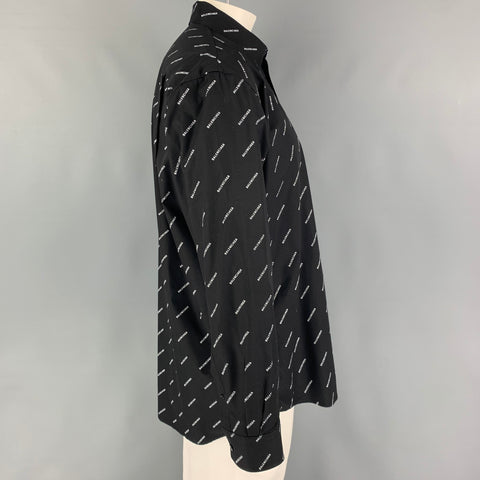 BALENCIAGA Size M Black White Logo Cotton Button Down Long Sleeve Shirt