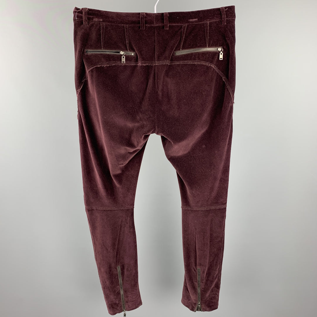LANVIN Talla 32 Pantalones casuales con cremallera de terciopelo de algodón sólido burdeos