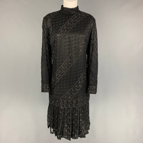 BOB MACKIE Taille 10 Robe à manches longues en dentelle à paillettes noires