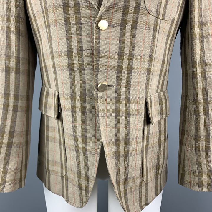 MARIO MATTEO Size 36 Tan Plaid Cotton / Flax Peak Lapel Sport Coat