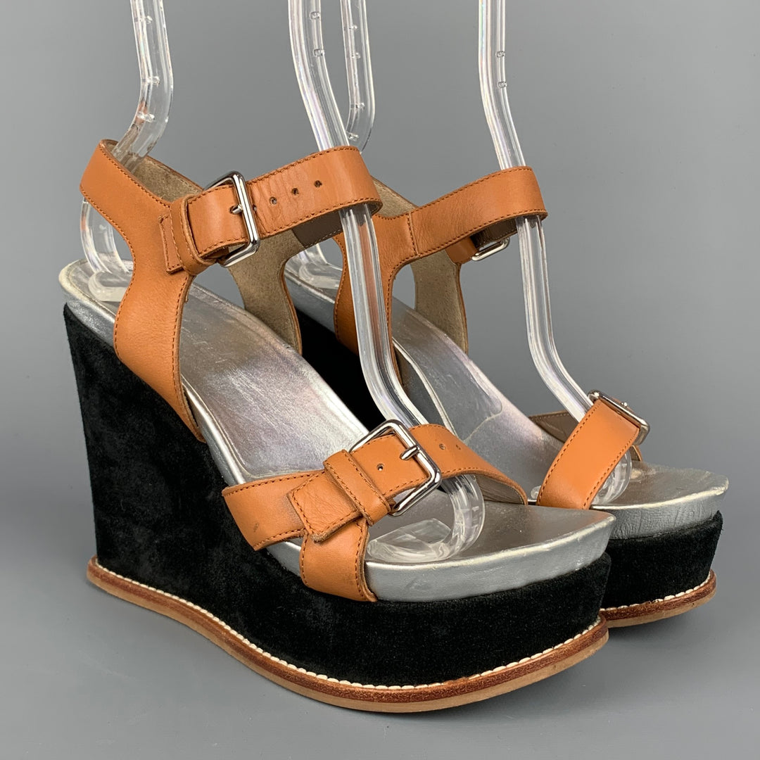 MARNI Size 6 Tan & Black Color Block Leather Wedge Sandals