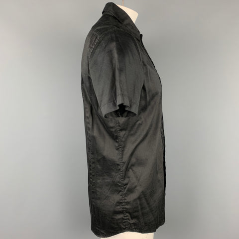 PRADA Size L Black Pleated Cotton Button Up Short Sleeve Shirt