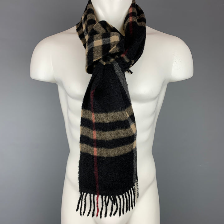 BURBERRY LONDON Black & Tan Plaid Cashmere Scarf