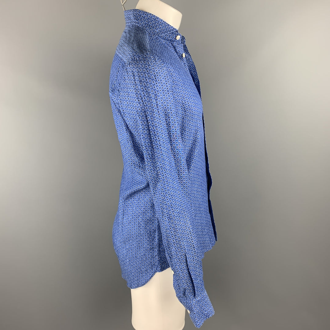 FOURSPORT Size S Blue Print Linen Button Up Long Sleeve Shirt
