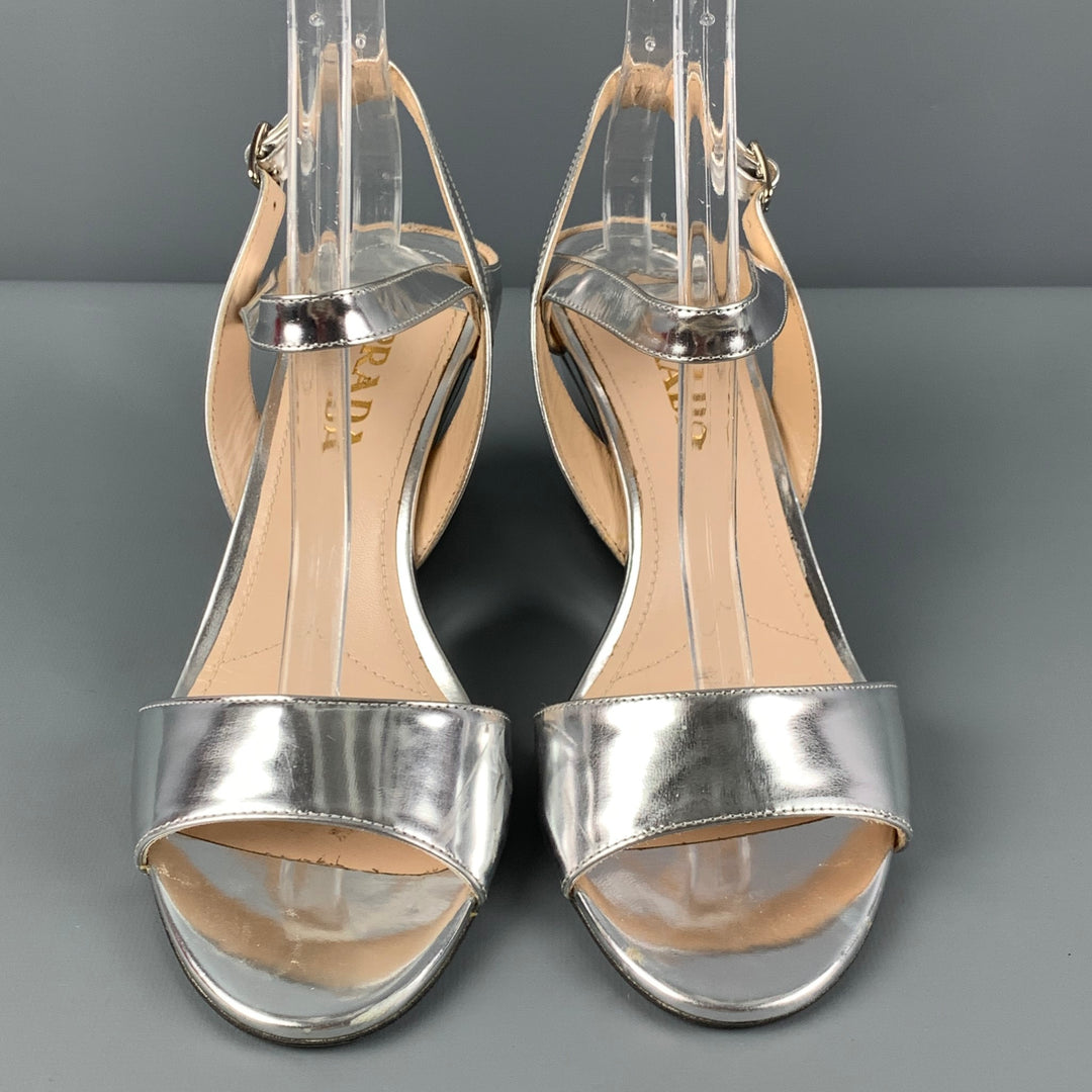 PRADA Size 7 Silver Metallic Slingback Wedges