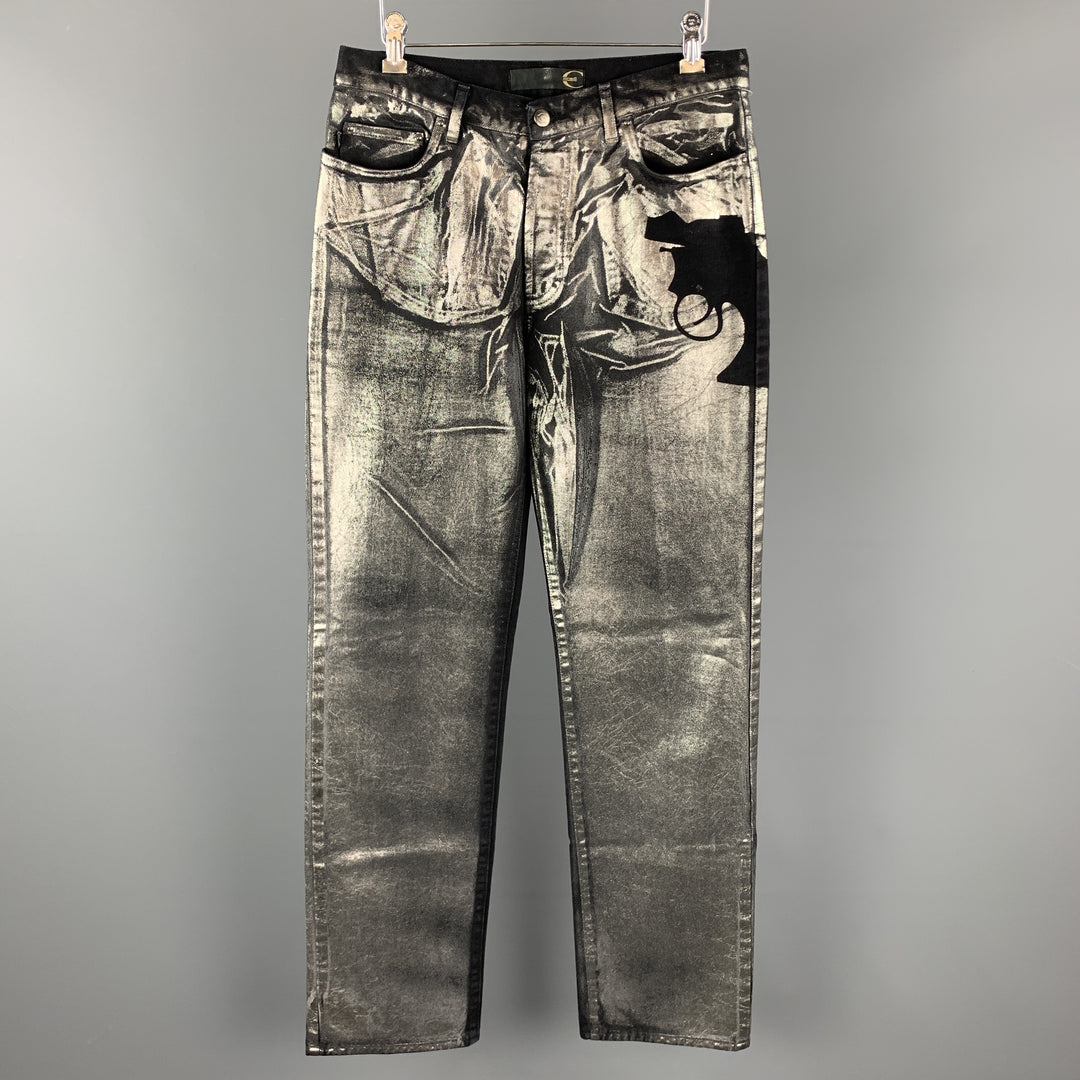 JUST CAVALLI Size 30 Black & Silver Metallic Painted Denim Pistol Jeans