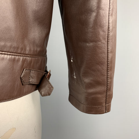 SCHIATTI & CO. Size L Brown Leather Beaver Lining Detachable Fur Collar Asymmetrical Jacket