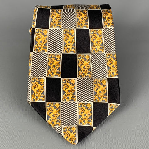 LANVIN Black Gold Print Silk Neck Tie