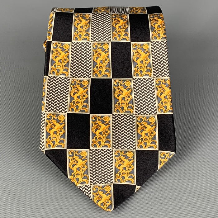 LANVIN Black Gold Print Silk Neck Tie