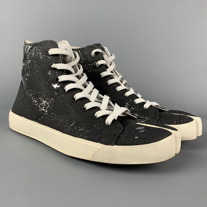 MAISON MARGIELA Size 10 Black Silver Painted Canvas High Top Tabi Sneakers