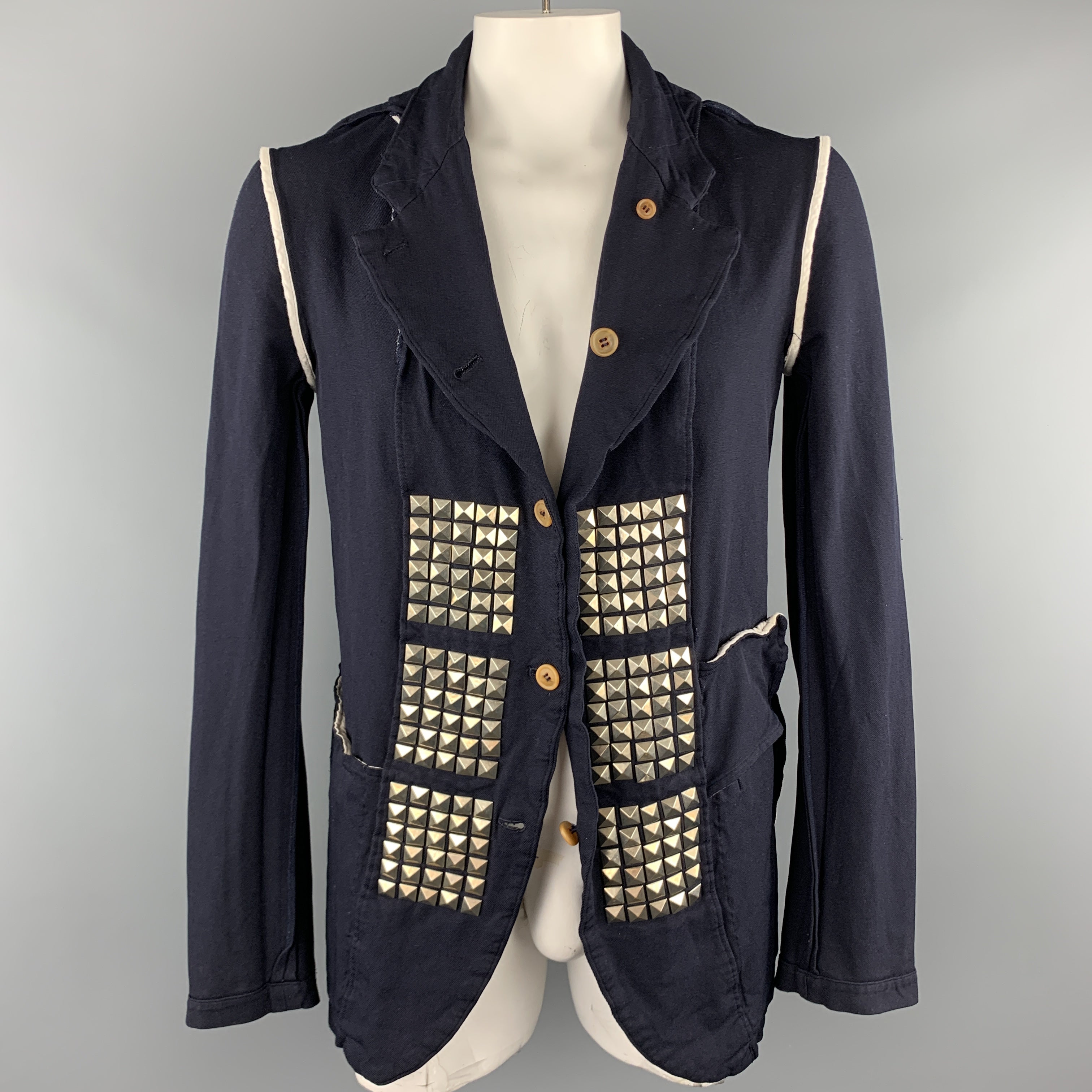 COMME des GARCONS HOMME PLUS EVERGREEN Size L Navy Reverse Studded Blazer Jacket Sui Generis Designer Consignment