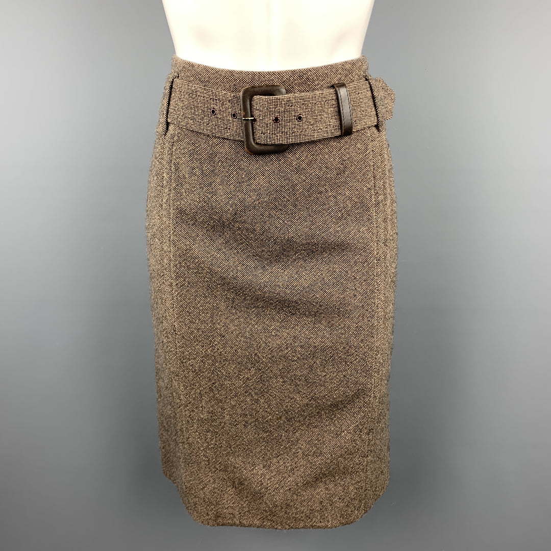 ESCADA Size 8 Taupe & Brown Virgin Wool Blend Tweed Belted Skirt