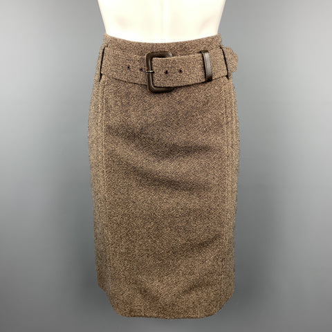 ESCADA Taille 8 Jupe ceinturée en tweed mélangé de laine vierge taupe et marron