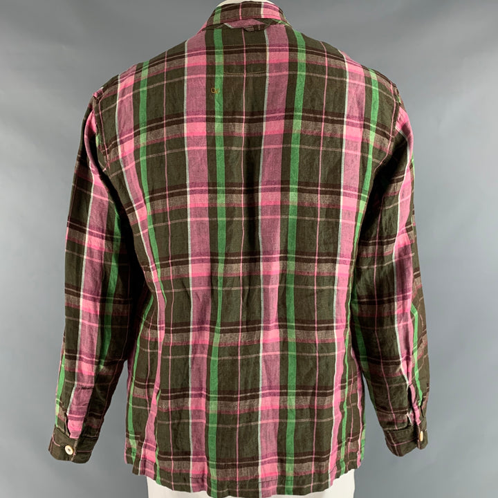 R13 Size L Pink Olive & Brown Plaid Linen Notch Lapel Jacket