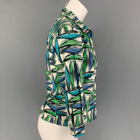 MARNI Size 4 White Blue Green Abstract Print Cotton Blouse