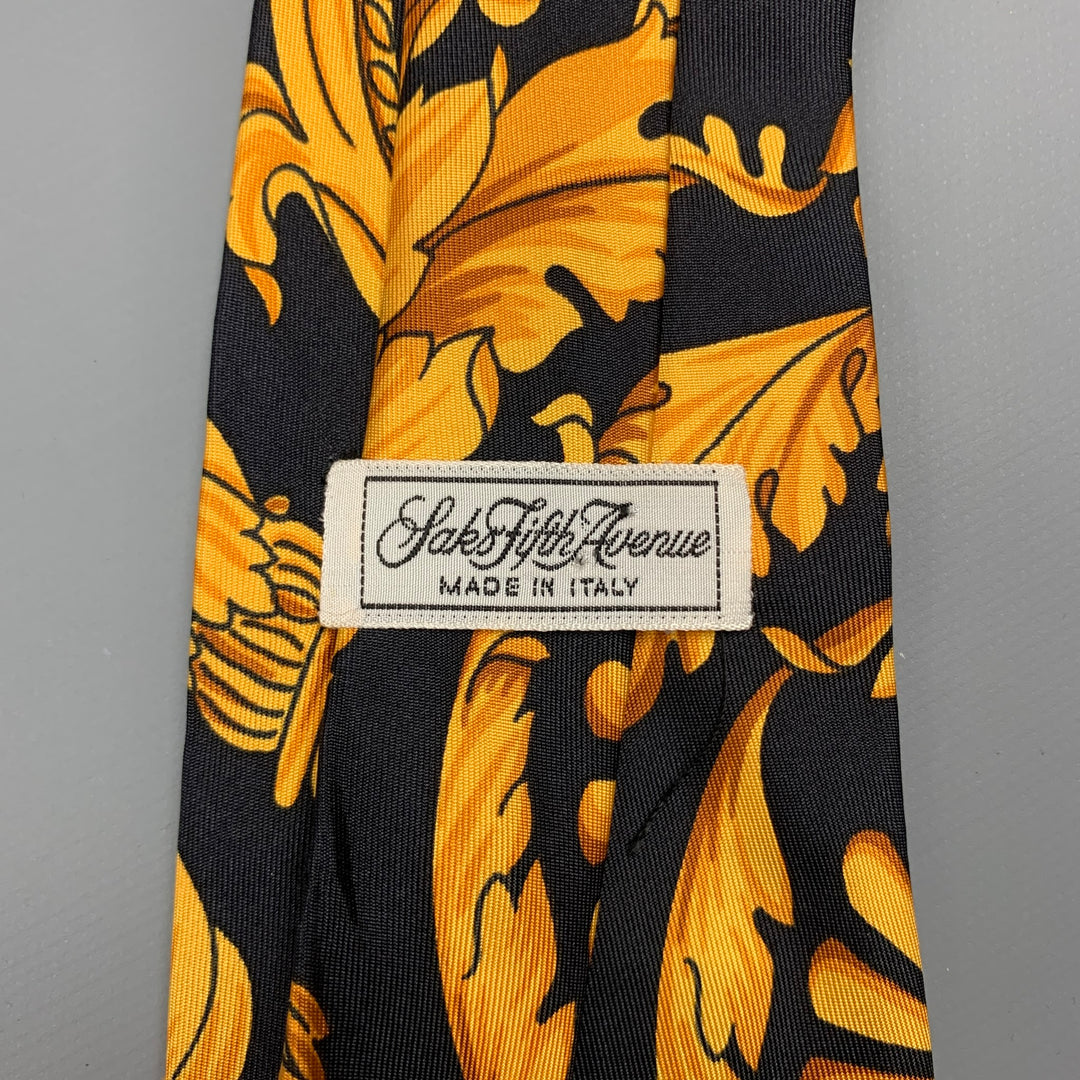 SAKS FIFTH AVENUE Black & Gold Baroque Silk Tie